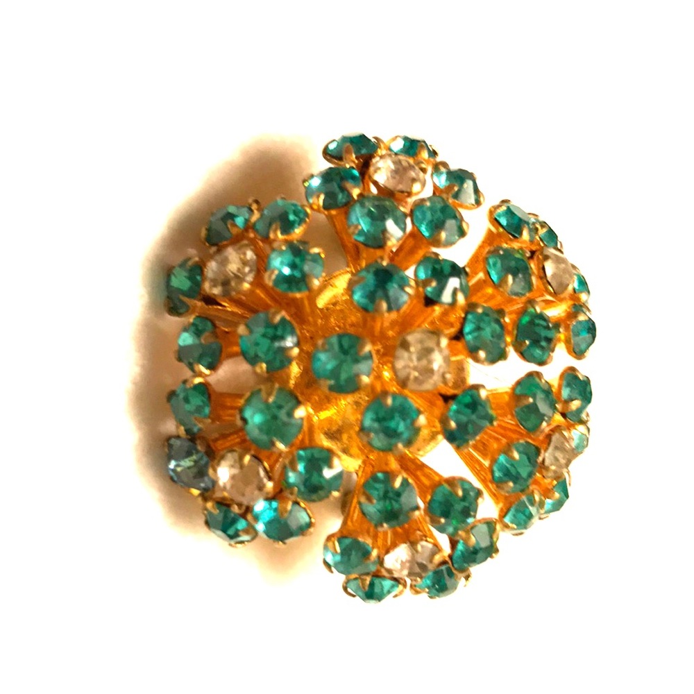 VINTAGE GOLD TONED BLUE/WHITE RHINESTONES BROOCH
